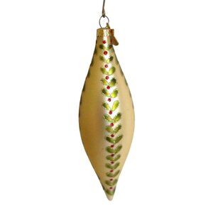 Gold Teardrop Christmas Ornament Bauble - Green & Red Leaf Design - Vintage